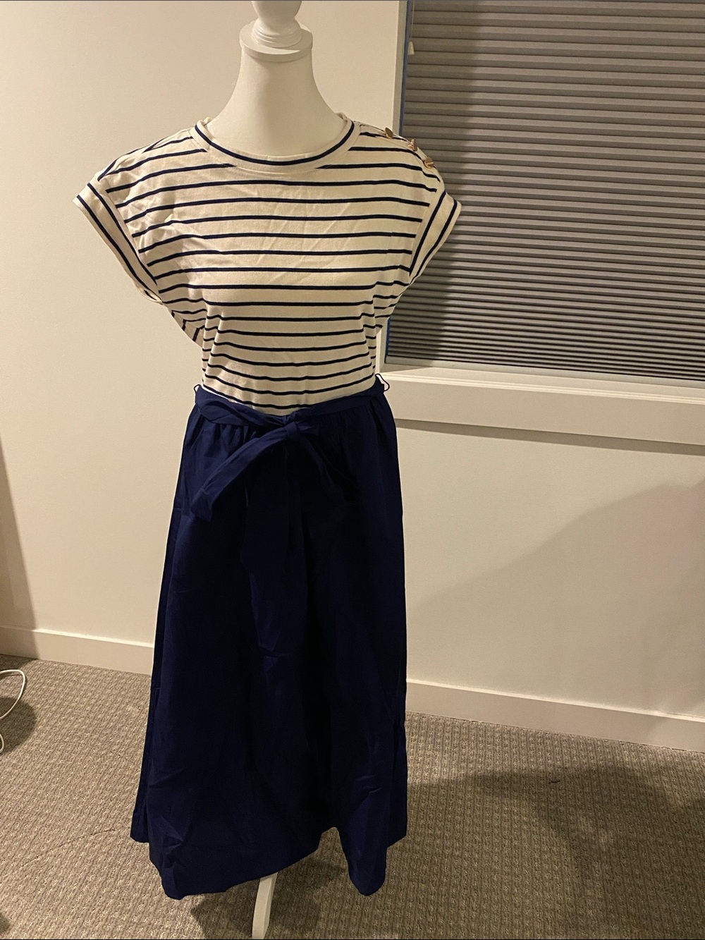 J. Crew Factory Navy Blue and White Striped Midi Dress